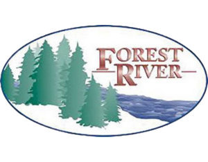 A forest river logo with trees and water in the background.