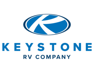 A green background with the words eyston rv company in blue.