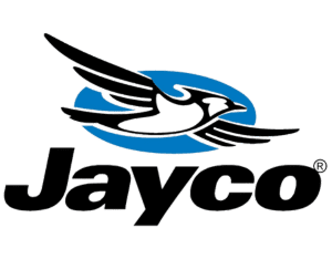 A black and blue bird is on the logo of jayco.