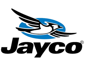 A black and blue bird is on the logo of jayco.