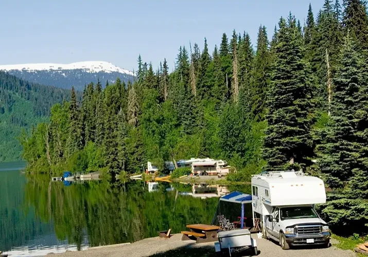 A motorhome parked at the edge of a lake.